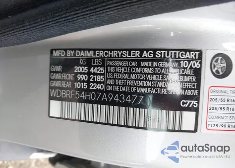 2007 Mercedes-Benz C 280 Luxury z USA, uszkodzony, nr VIN WDBRF54H07A943477